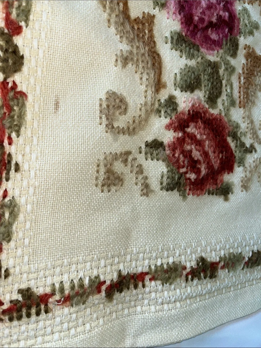 Vintage Handmade Floral Embroidered Table Runner in Cream and Pink 15”x39”